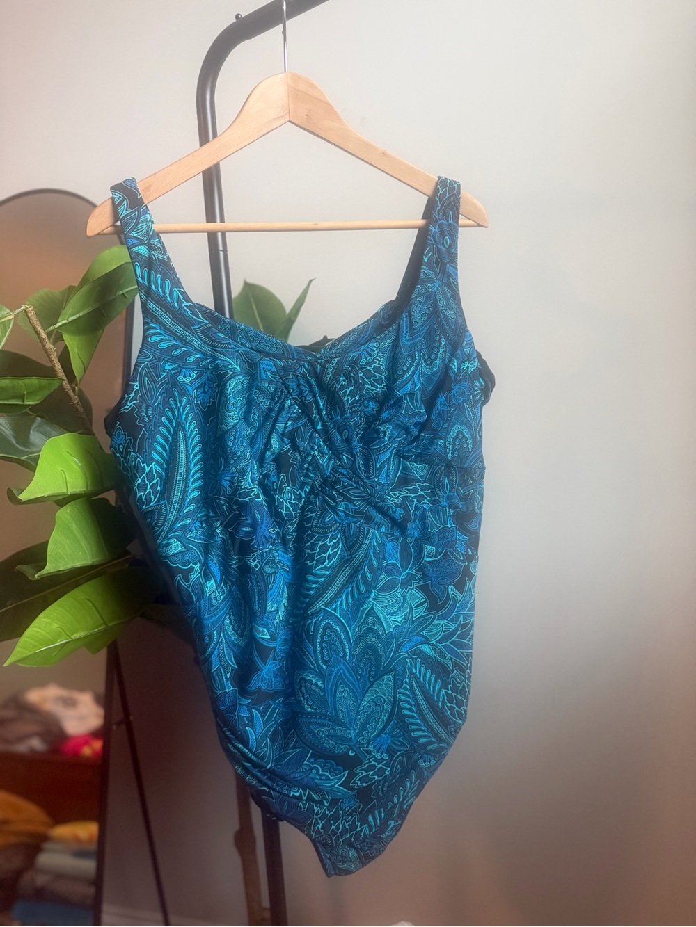 Land’s End Blue Teal Paisley Tank One-Piece Swimsuit